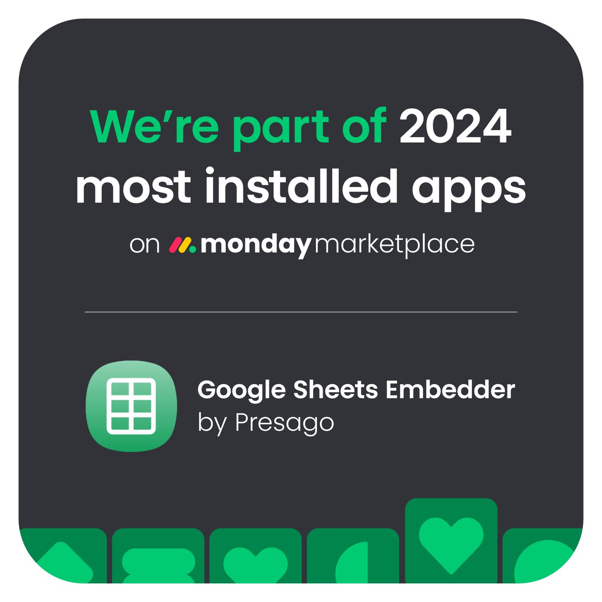 🚀 We're in the top apps of 2024 on Monday Marketplace!
Thanks to all who've embraced Google Sheets Embedder by Presago for a seamless data integration experience. Try it out! #GoogleSheetsEmbedder #MondayApp #Innovation