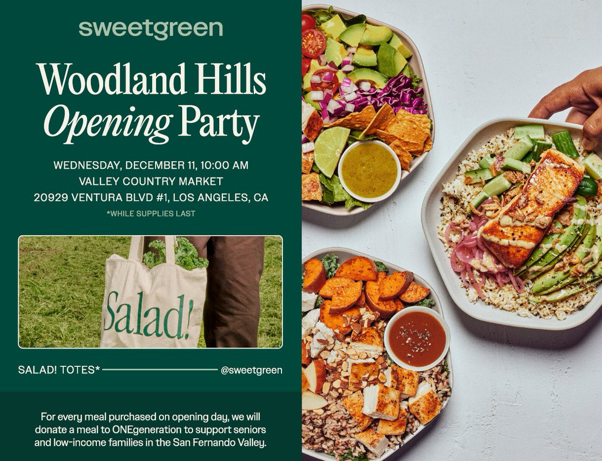 Congratulations to <a href="/sweetgreen/">sweetgreen</a> on the Grand Opening of their Woodland Hills location today Wed, Dec 11th. For every meal purchased today, <a href="/sweetgreen/">sweetgreen</a>  will donate a meal to <a href="/ONEgenCares/">ONEgeneration</a> nutrition program in 2025. Stop by today to purchase a meal and support ONEgeneration!