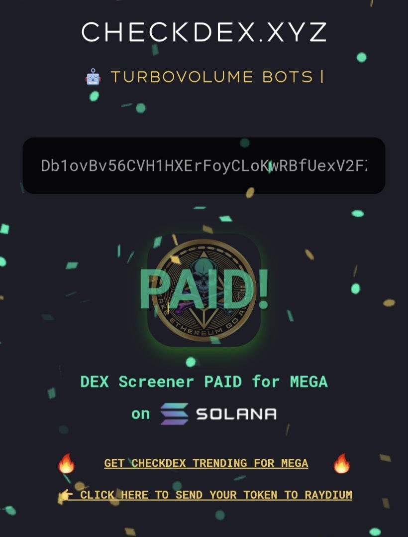 MakeEthGoAway's tweet photo. DEX paid ✅

Blue tick on X under review ☑️

King of the hill achieved 👑

Next bonding, leading to the inevitable demise of Ethereum.

@dexscreener 
@pumpdotfun 

$MEGA #byebyeETH #SOL #ETH https://t.co/LQAHS81604