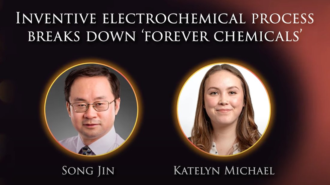 Just announced! Congratulations to Professor Song Jin and graduate student Katelyn Michael for winning the 2024 WARF Innovation Award!  Their state-of-the-art technology is a one-two punch to break down PFAS. Read more about their research here: loom.ly/xplzGJI