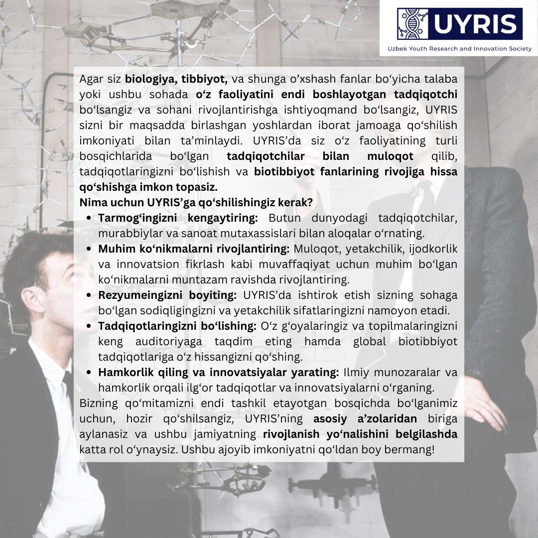 _denizaakin's tweet photo. Hammaga Salom!
Siz O‘zbekiston Yoshlar Tadqiqot va Innovatsiya Jamiyati (UYRIS) a’zosiga aylanishga qiziqasizmi?

Telegram: https://t.co/4XoFHHlcwn
Instagram: @yosh_tadqiqot https://t.co/rrWV9N4VwD