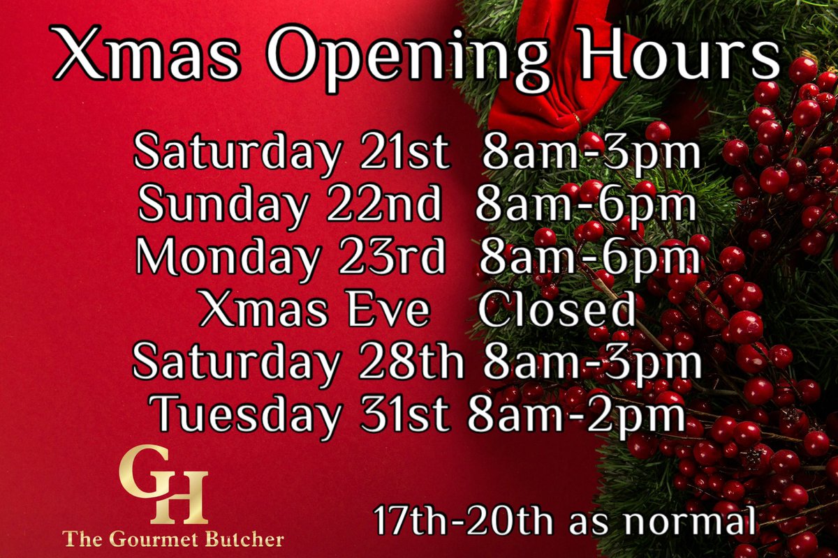 Here’s the opening hours for the Festive period 😁   It’s by far the busiest year to date so please bear with us particularly on the 23rd, our queue buster system will get you served as quick as possible 😁