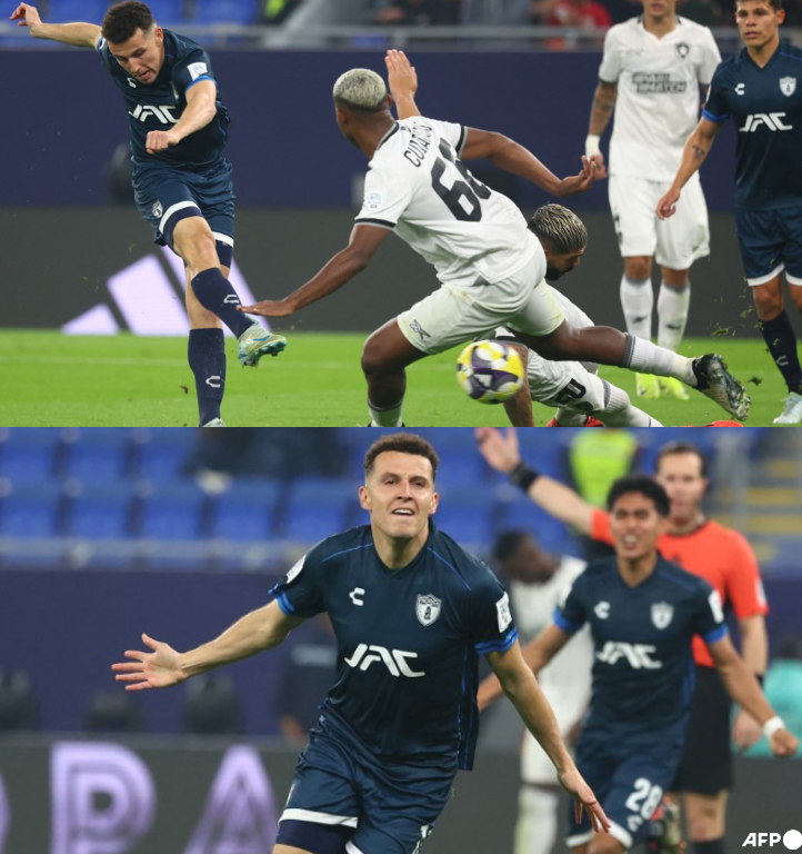 InvictosSomos's tweet photo. Los paseó. Los bailó. Los destrozó. Qué SEÑOR GOLAZO de Oussama Idrissi contra Botofogo en la Copa Intercontinental. El extremo del Pachuca hizo lo que quiso frente a los campeones de la Copa Libertadores de América. OBRA DE ARTE.