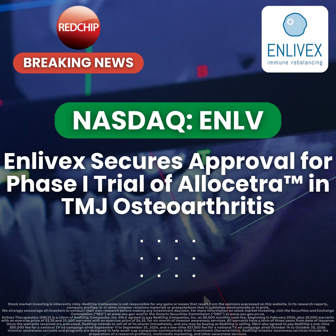 RedChip's tweet photo. 🚨 Game-changing progress! Enlivex $ENLV is now authorized for Phase I trial for Allocetra™ in TMJ osteoarthritis.
🔗 Details HERE: https://t.co/DdaPfmcFOU
$ENLV #Enlivex #Allocetra #arthritis #Biotech #BiotechNews #FinancialNews #CapitalMarkets https://t.co/BYPnxPTxUd