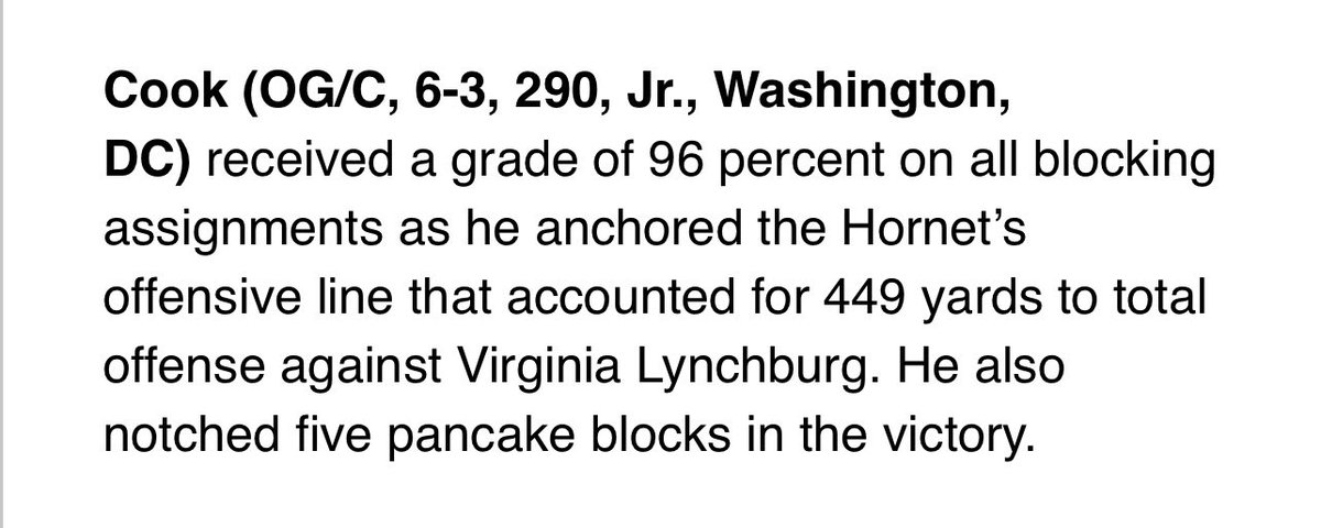 2x Offensive Lineman of the Week Winner. Was named 1st Team Preseason All MEAC Phil Steele.