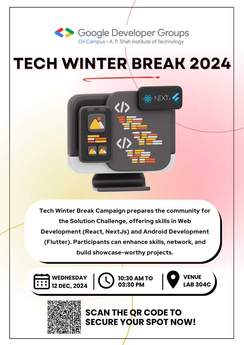 gdg_apsit's tweet photo. 💥 Time for Tech Winter Break 2024! ❄️

Join us for an exciting day of Android &amp; Web dev with experts Mr. Prashant Dalai (Flutter &amp; Gemini) and Mr. Gourav Midya (ReactJS &amp; NextJS). Workshops, talks, Q&amp;A, and hands-on Android app building! 🚀📱 See you there! 🙌 https://t.co/zHEYHEqHpM