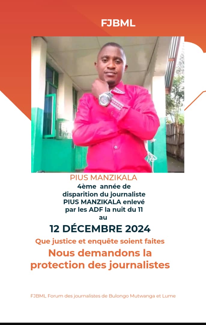 RomulusNzalumbo's tweet photo. Beni:Dans l'objectif de Plaider pour la justice et la vérité sur la disparition de PIUS MANZIKALA et de Sensibiliser la communauté sur les dangers qui menacent les professionnels des médias dans la région de beni,la Presse annonce une marche pacifique jeudi 12/12/2024 à mutwanga https://t.co/1ZZ46CZb7L
