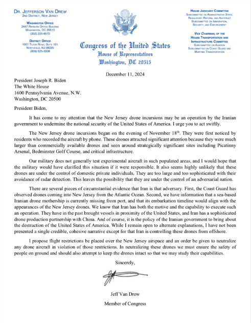 OneJerseySchorr's tweet photo. BREAKING: In a statement, New Jersey Rep. Jeff Van Drew says the U.S. Coast Guard observed drones coming into New Jersey from the Atlantic Ocean, where "an Iranian drone mothership is currently missing from port."