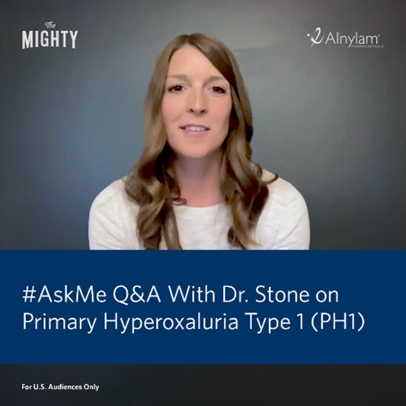Alnylam's tweet photo. For U.S. Audiences: Helping your loved one navigate primary #hyperoxaluria type 1 (PH1) can be a difficult journey. Learn about PH1 from pediatric nephrologist Dr. Stone as she discusses this #RareDisease and an FDA-approved treatment option.
