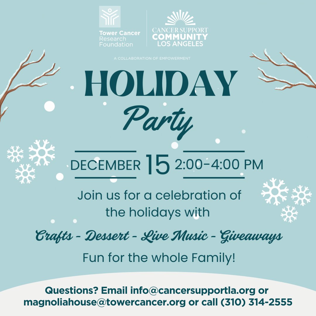 TowerCancer's tweet photo. Have you registered for our Holiday party with @cscla yet? Join us on Sunday, December 15th at CSCLA from 2:00 - 4:00pm, and bring the whole family! 
#collaborationofempowerment #cscla #tcrf #towercancer #magnoliahouse #RSVPToday https://t.co/K2ors0UWQg
