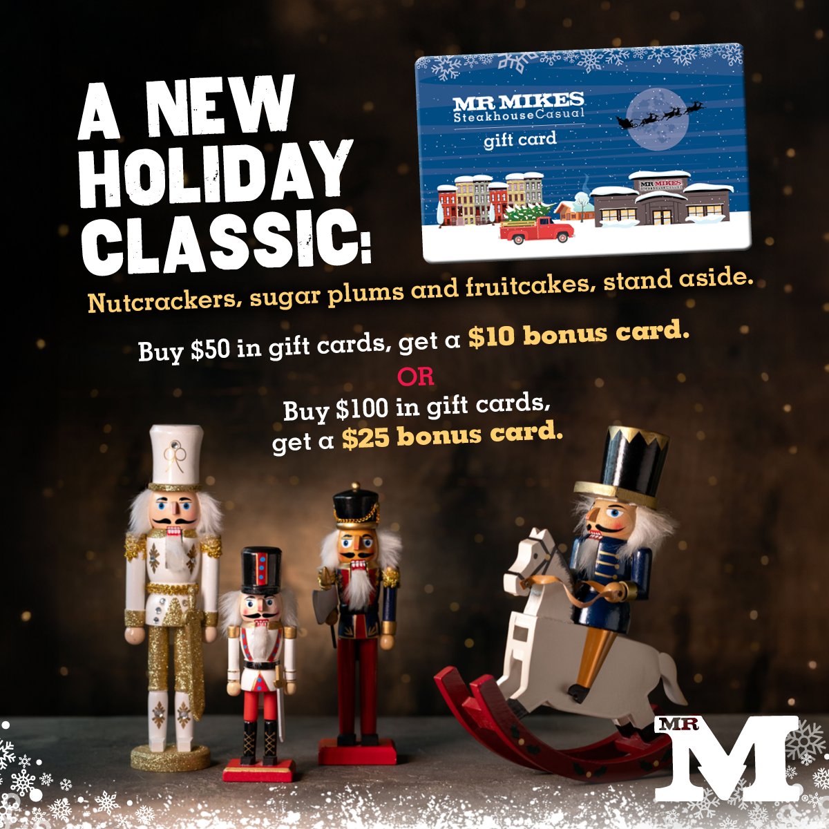 MrMikesOnline's tweet photo. PSA: Fruitcake has never made the holiday wish list… but MR MIKES gift cards sure have! 🎁 Buy $50, get a $10 bonus—or spend $100 and get $25! Grab this December deal and give a gift that everyone will actually love!

#GiftCards #MRMIKES https://t.co/YEw8M35VM3