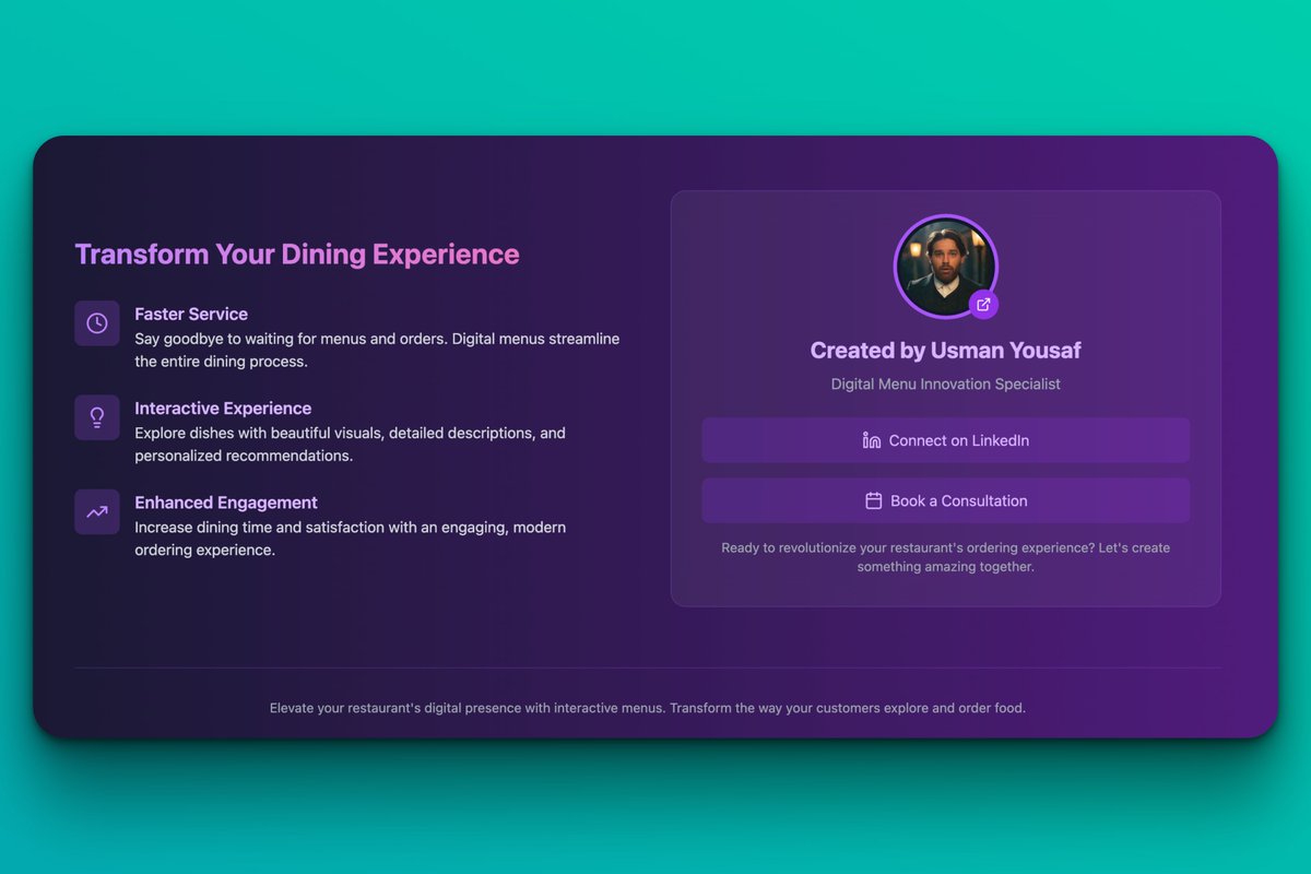 Usmanjaanii's tweet image. Just created my 2nd digital menu for my local community! 🚀 While they’re still stuck in the 1950s, I brought this idea to life in 15 minutes with 400k tokens using Bolt.new 🌟 
Let's go paperless together! #DigitalMenu 🌍💻
usmanbarmenu2.netlify.app
Check it out!
