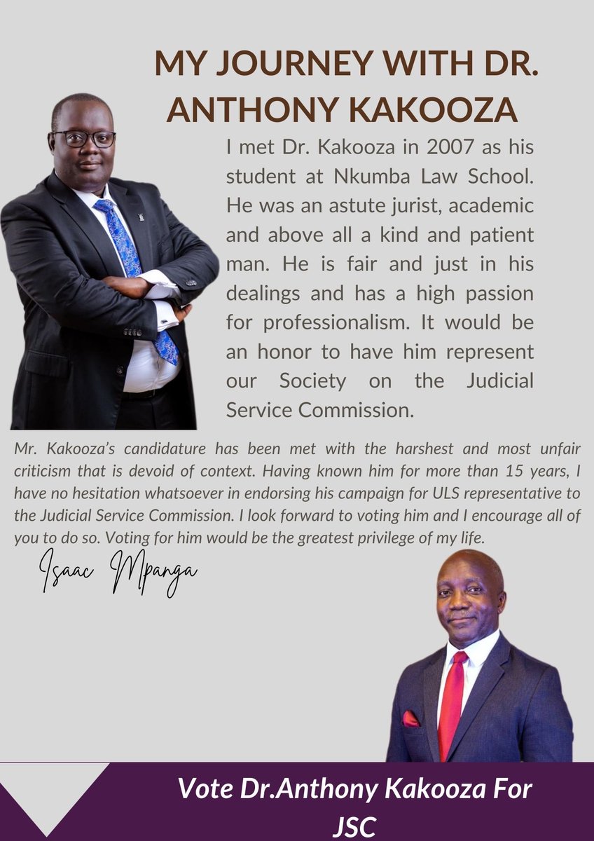 Isacmpanga's tweet photo. Colleagues the job at had requires trusted people. I have carefully examined the candidates and I am proud to throw my full support behind ⁦@AcKakooza⁩ to represent ULS to JSC. https://t.co/GR4ZbF1Fka