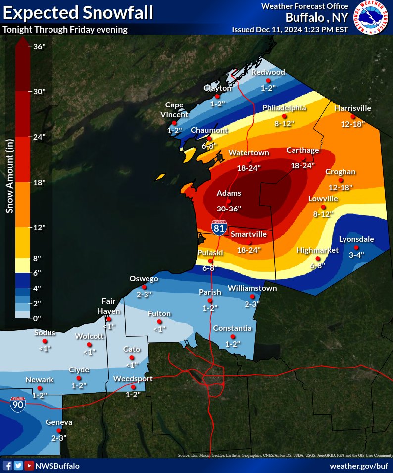 Here is a new #snowfall map depicting locations that will be impacted by the lake effect snow. Find your  location by visiting: weather.gov/buf  Enter your zip code in the upper left corner. #NYwx