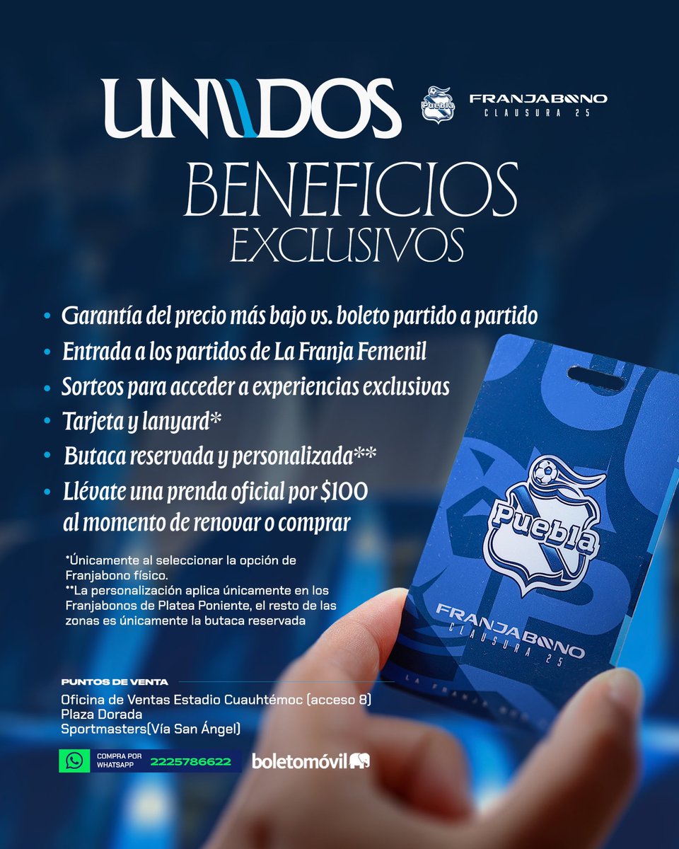 ClubPueblaMX's tweet photo. Ser Franjabonado tiene sus ventajas, imagínate poder bajar a ver el calentamiento previo al partido a nivel de cancha 🔥😮‍💨 o llevarte una prenda oficial por solo $100 pesos. 🤩

Adquiérelo ahora https://t.co/J49QNKdl0Z
Y asegura tu lugar para TODOS los partidos del CL2️⃣5️⃣ UNIDOS al 🔵⚪️

#LaFranjaNosUne🎽