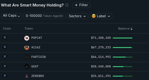 nellimkopi's tweet photo. ai16z and fartcoin the 2nd and 3rd largest holding onchain (solana) by smart money. https://t.co/306odb4LiR