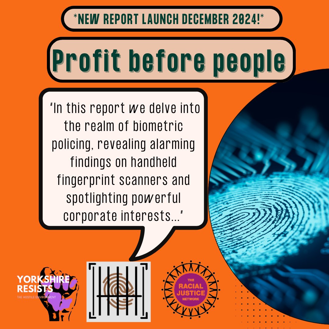 🚨 ATTENTION:  Today we launch a new report with @yorksresist “Profit Before People: Expansion of biometric policing technology in the UK” to examine the impact of this type of policing and immigration enforcement.