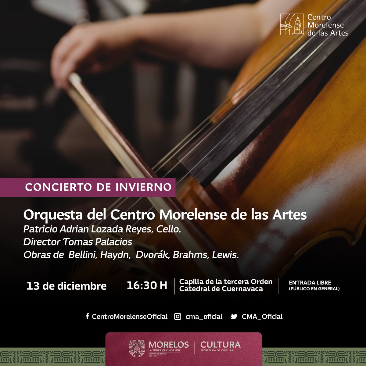Ven a disfrutar del Concierto de Invierno a cargo de la Orquesta del CMA📷
📷 Fecha: 13 de diciembre de 2024
📷 Hora: 16:30 h
📷 Lugar: Capilla de la Tercera Orden / Catedral de Cuernavaca
#LaCulturaNosUne #OrquestaCMA #ConciertoInvierno