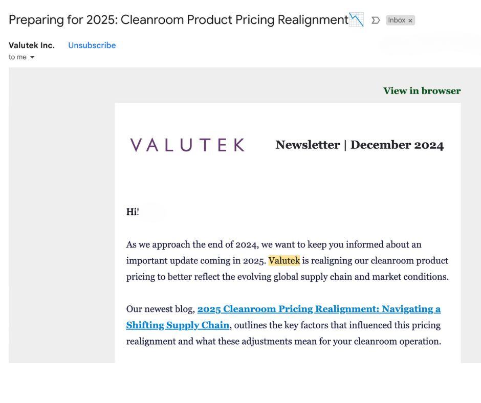 Have you received the latest Valutek newsletter yet?

As we gear up for 2025, our December Newsletter is packed with essential updates, including insights on cleanroom product pricing realignment to adapt to evolving global supply chains.

#Valutek #Cleanroom #Newsletter