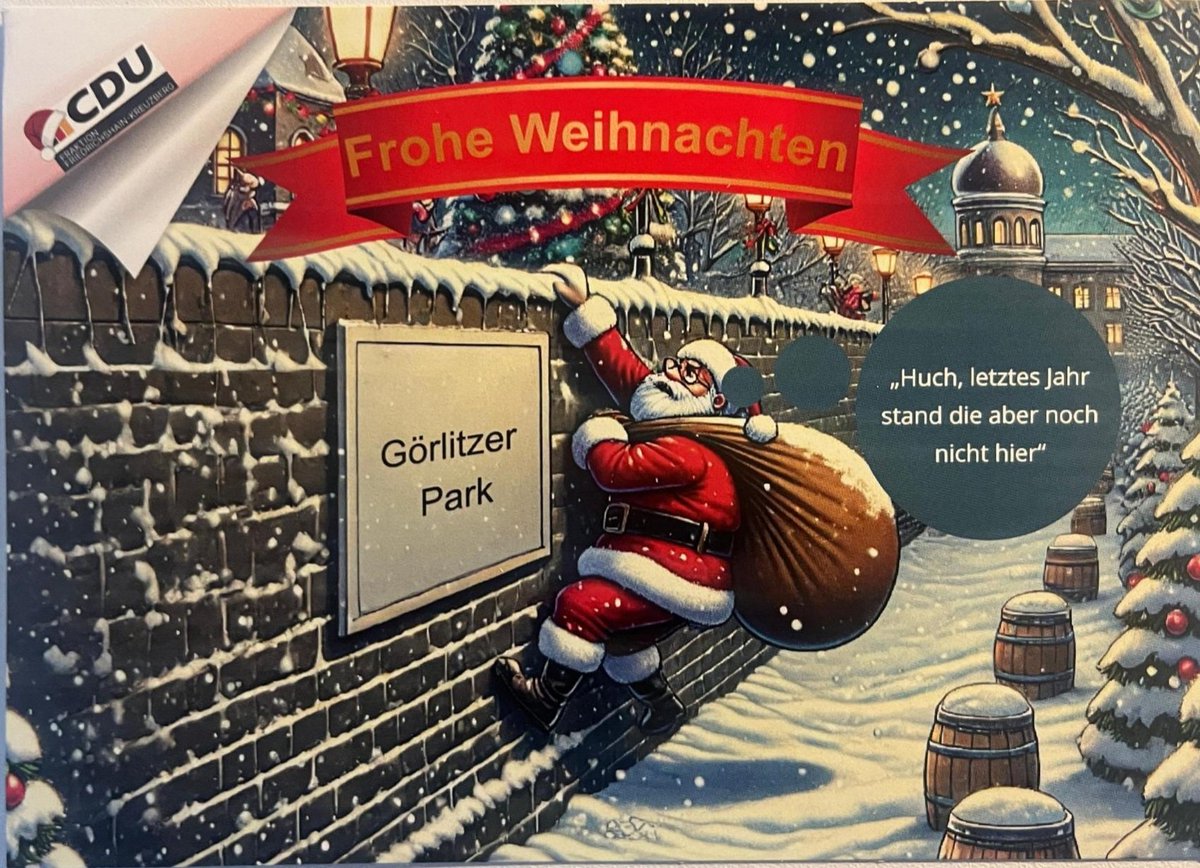 CDU Kreuzberg völlig lost: die Mauer steht schon immer um den Görli!
Aber wer an den Weihnachtsmann glaubt, denkt auch, dass der Zaun kommt, oder wie?
🤡
