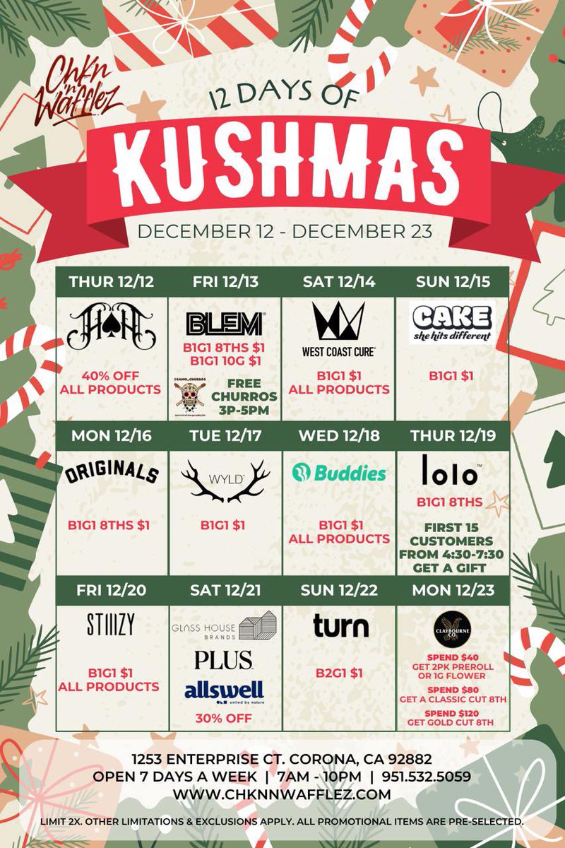 chknNwafflez's tweet photo. It’s timmmmmmeeee 🎄
12 days of kushmas kicks off tomorrow with some amazing deals from some of our top brands!
Check us out 🎁
#kushmas #california #cannabis #inlandempire #corona #riverside #deals https://t.co/drK1VunvDQ