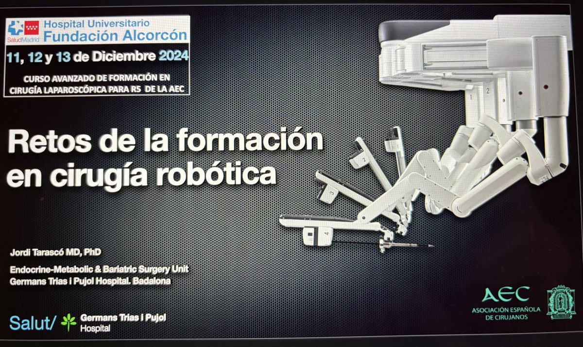 Jordi Tarascó, MD PhD (@jorditarasco) on Twitter photo Mañana hablaremos de los retos de la formación en cirugía robótica en el Curso avanzado para R5 de la <a href="/aecirujanos/">aecirujanos</a> .
Hospital Universitario Fundación Alcorcón.
<a href="/abexDaVinci/">ABEX Excelencia Robótica</a> <a href="/mSurgeryNet/">mSurgery</a> <a href="/BalibreaJose/">Jose M. Balibrea MD, PhD, FACS</a> <a href="/hgermanstrias/">Hosp. Germans Trias</a> Mañana hablaremos de los retos de la formación en cirugía robótica en el Curso avanzado para R5 de la <a href="/aecirujanos/">aecirujanos</a> .
Hospital Universitario Fundación Alcorcón.
<a href="/abexDaVinci/">ABEX Excelencia Robótica</a> <a href="/mSurgeryNet/">mSurgery</a> <a href="/BalibreaJose/">Jose M. Balibrea MD, PhD, FACS</a> <a href="/hgermanstrias/">Hosp. Germans Trias</a>