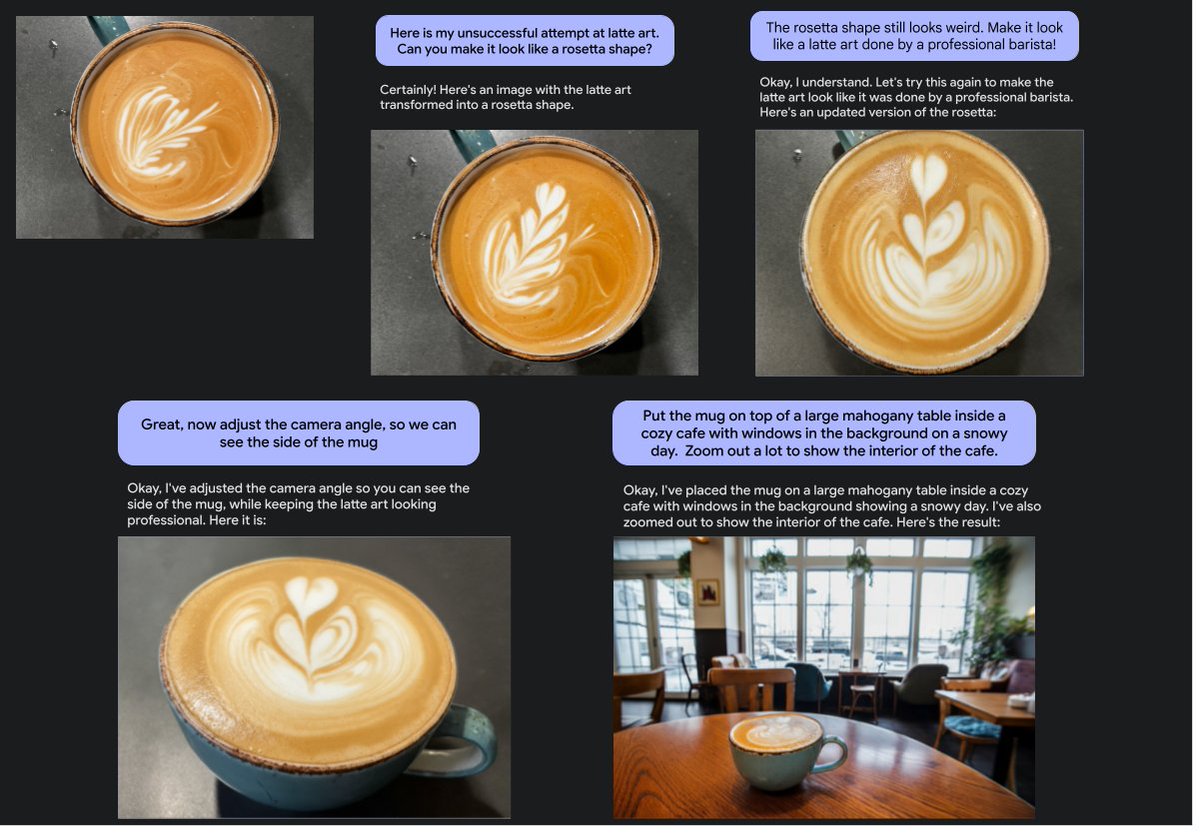 More fun with multi-turn image editing! Fixing my failed attempt at latte art with Gemini 2.0 ☕️