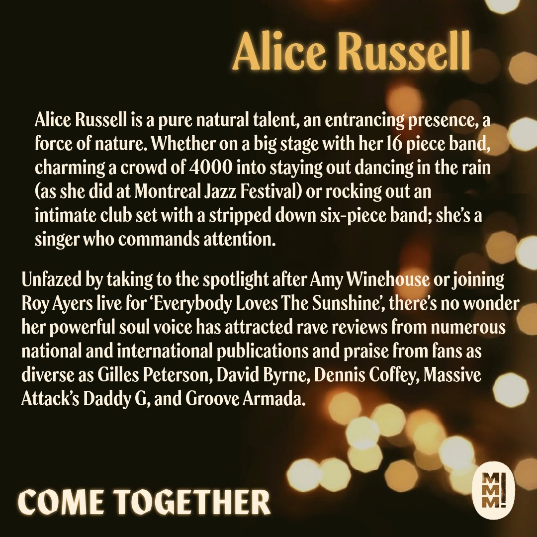 COME TOGETHER: THURSDAY 19th DEC '24 BRIGHTON

<a href="/alicemcrussell/">Alice Russell</a> is a true force of nature...praised by likes of Giles Peterson, Massive Attack &amp; Groove Armada

Don't miss this rare opportunity to see her perform in such an intimate setting
#MakeMusicMatter #Brighton #AliceRussell
