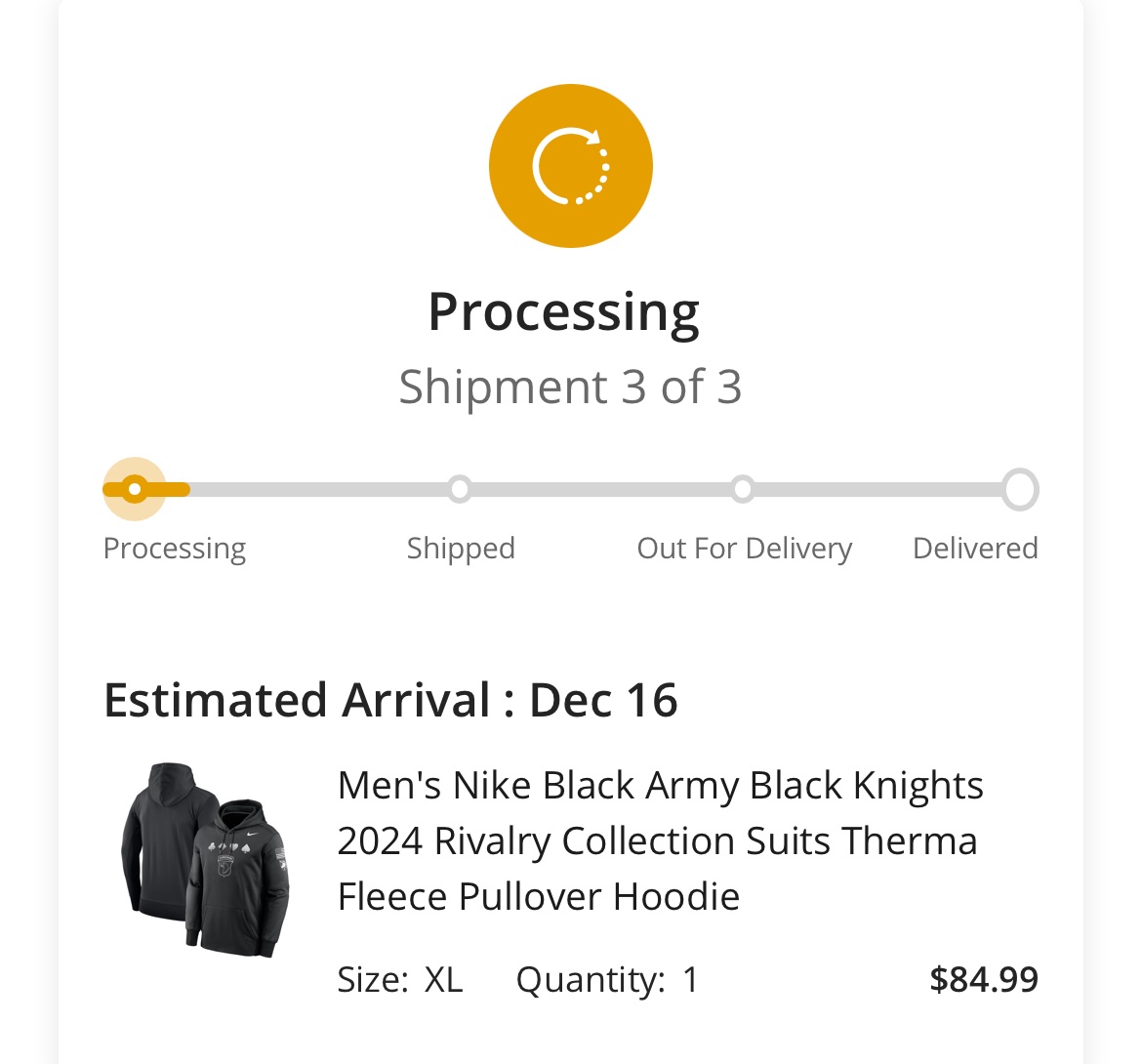 design007's tweet photo. @Fanatics @ArmyWP_Football @USArmy can we talk about how a veteran has been waiting to get a sweatshirt for Saturdays game since November 21st?! And still processing….. https://t.co/LMCZ4a4mHS
