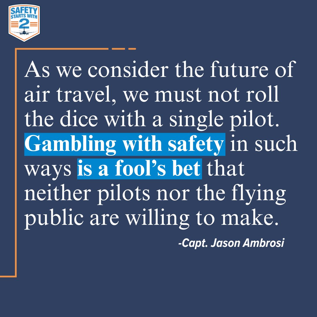 Some aircraft manufacturers seem convinced that automation will allow airlines to reduce the number of pilots on the flight deck. Pilots know systems will fail and it will always take at least two pilots to fly safely. #SafetyStartsWith2