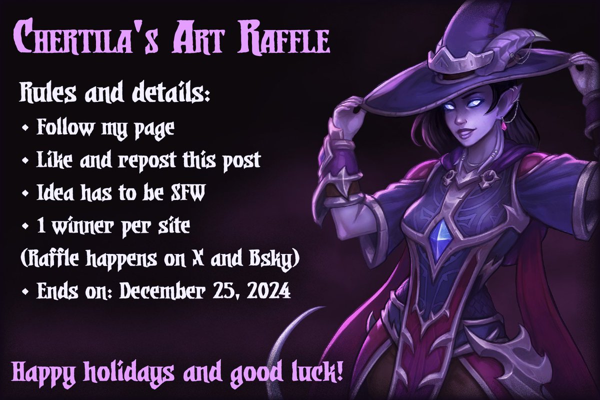 Almost three years have passed since the last raffle so...
❄️HOLIDAYS ART RAFFLE!❄️

Prize: Half-body character artwork  

How to enter:
Follow me 
Like + Repost this post 
Comment with refs of your OC (optional)  

The raffle ends on December 25 
Good luck! ✨
