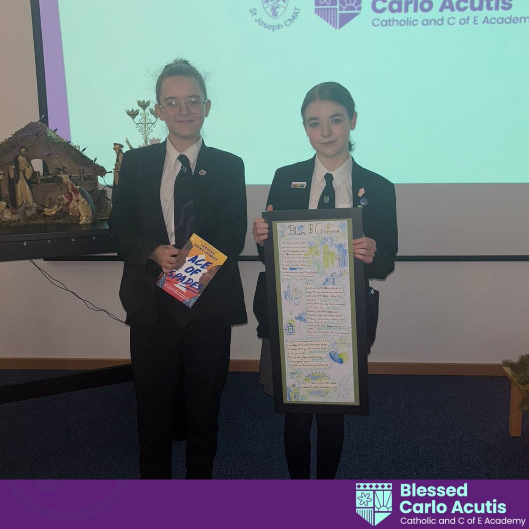BlessedCarloA's tweet photo. Poppy and Scarlett were presented with a book and their framed work by Mark from @ChesterDiocese following their Black History Month Art and Poetry competition win🏆
Mark commented on how high the quality of entries were from our school!
#blackhistorymonth #respicio @StJosephCMAT https://t.co/rIUmdwa4NS