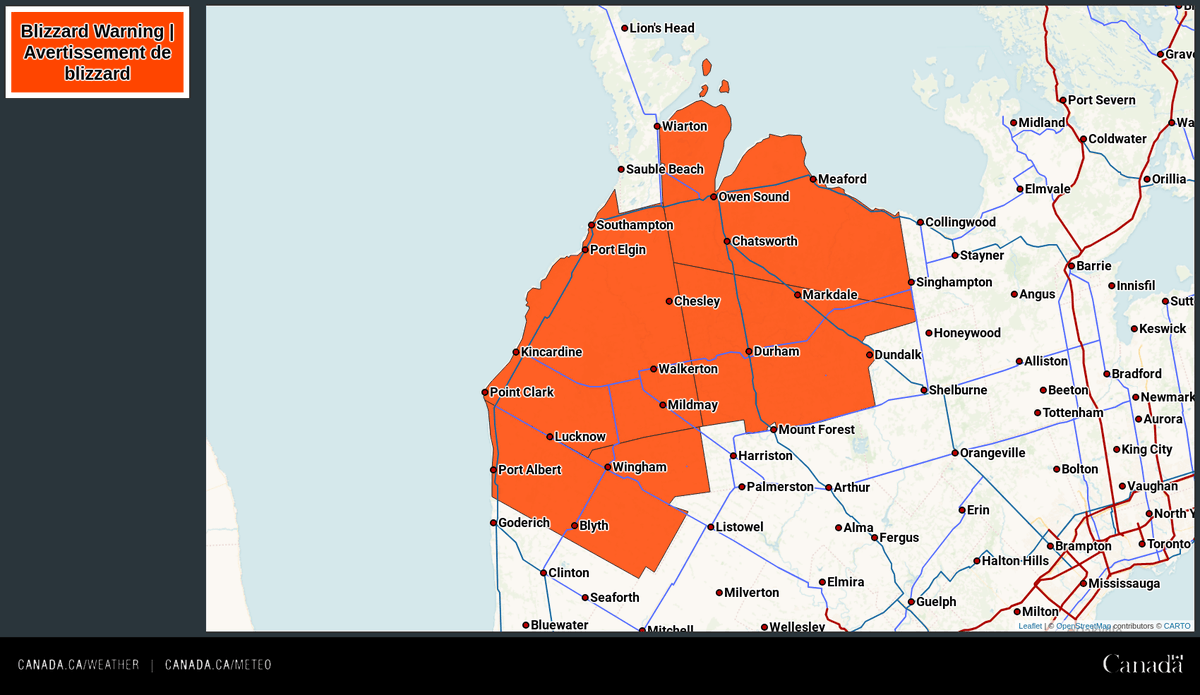 ⚠️ A Blizzard Warning has been issued for parts of SW Ontario! 

⏰ Late today into Friday, worst conditions Thursday morning.

🌨️ Locally heavy snowfall.
🌬️❄️ Wind gusts up to 80 km/h.
🌫️🚗 Near zero visibility in blowing snow.

Details 👉 ow.ly/yetf50UpmSY

#ONStorm #ONWx