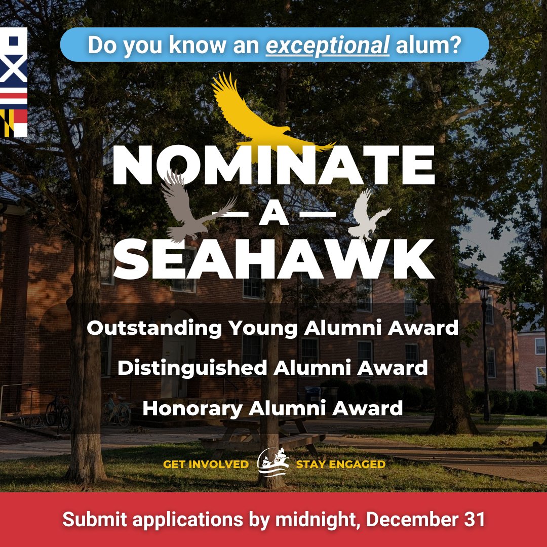 Do you know an exceptional SMCM alum? 🌟
Nominate them to one, or all three, of our alumni awards! 🏅
🔗 tinyurl.com/Nominate-a-Sea…
1. Outstanding Young Alumni Award
2. Distinguished Alumni Award 
3. Honorary Alumni Award
Submit by midnight on December 31.