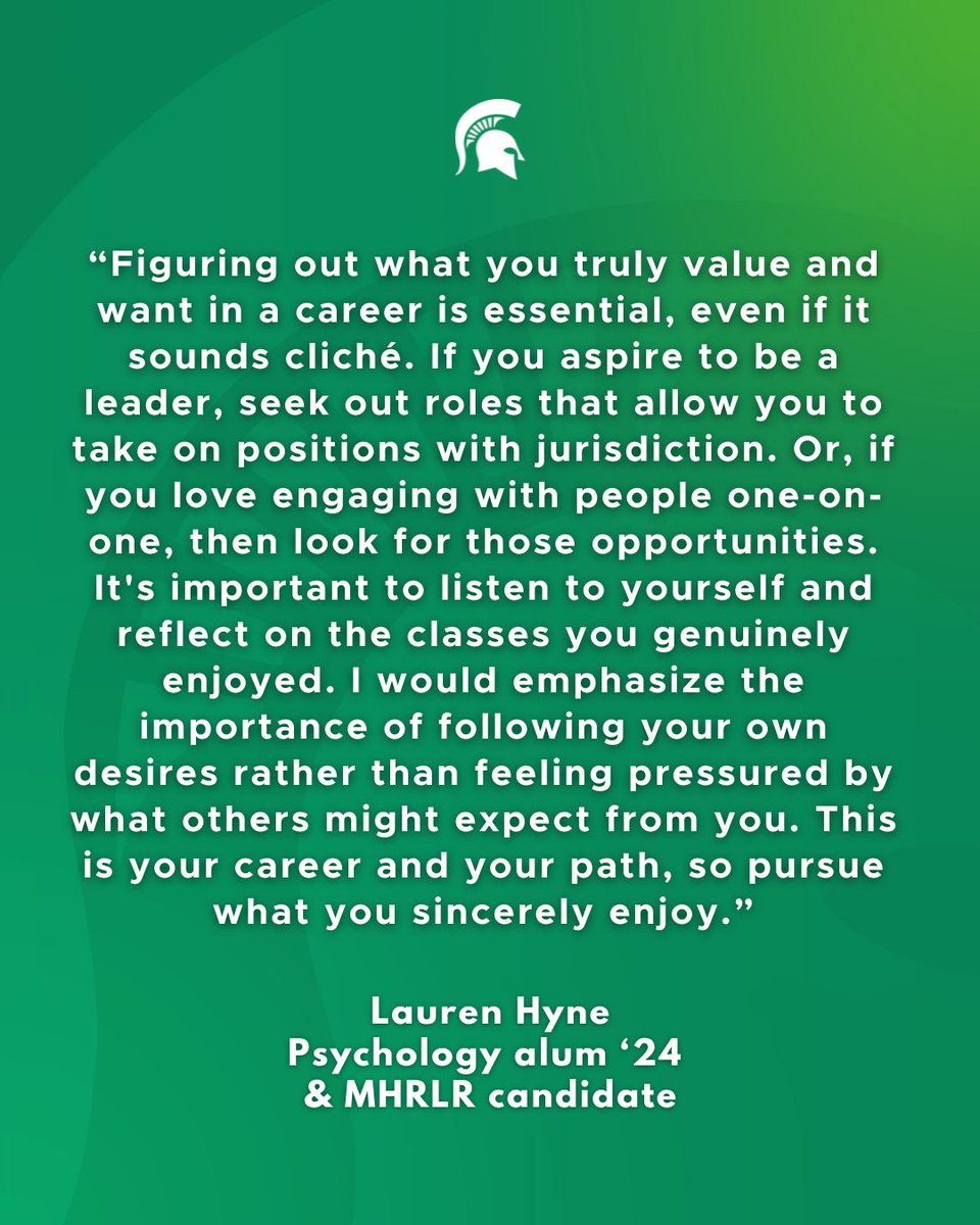 From a MSU Psychology grad to a master's student in <a href="/MSUSHRLR/">MSU SHRLR</a>, Lauren Hyne is combining her love for understanding people with her leadership ambitions.

Full story here: psychology.msu.edu/news-events/ne…

#SpartansWill #MSUPsychology #MSUAlumni