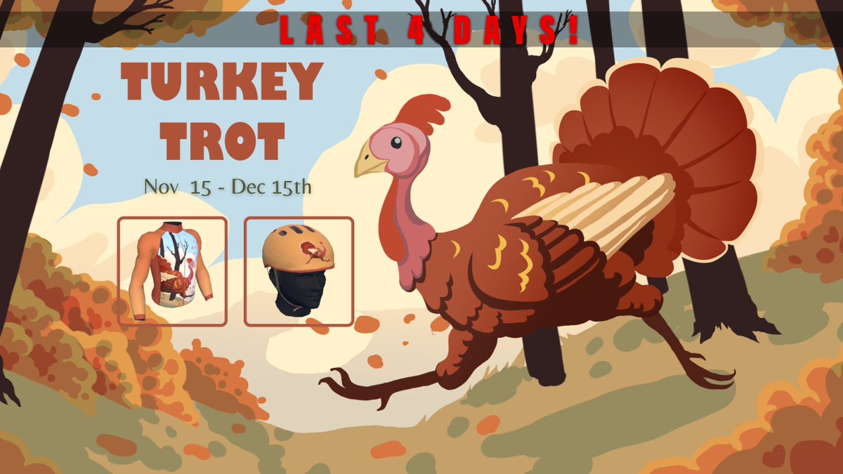 Last 4 Days of the Turkey Trot Challenge!  🦃🦃🦃

It's your last chance to get into VZ Fit, get some exercise AND get in-game Turkey-themed rewards. 🎁

If you haven't tried the challenge yet, this is the time! 👀
