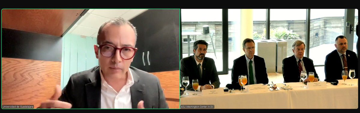 carlosivanmoren's tweet photo. La @udg_oficial es aliada clave de @ASU en el impulso de la industria de semiconductores, desde la formación de capacidades para el trabajo.

Ayer tuve la oportunidad de representar al Rector @rvillanueval en reunión híbrida con @michaelcrow y funcionarios del gobierno de México🇲🇽 

Desde la nueva sede de UdeG en @ASUinCA podremos fortalecer las estrategias de colaboración académica, para seguir cerrando brechas educativas y laborales.