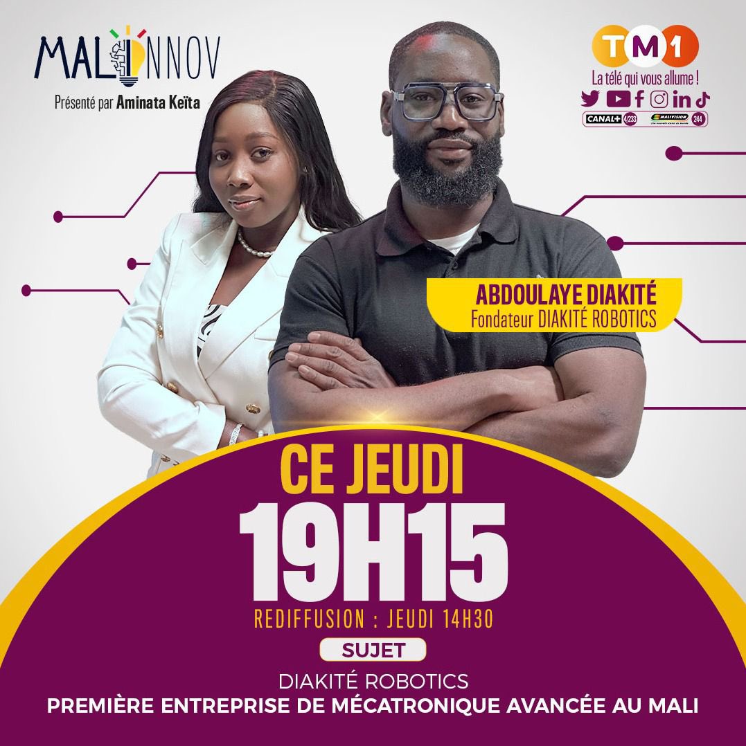 RoboticsDiakite's tweet image. Diakité Robotics à la pointe de l’innovation technologique au Mali 🇲🇱!

Ne manquez pas ce moment d’échanges inspirants et de partages d’expériences avec notre CEO, invité sur le plateau de Mali Innov. Ensemble, nous discutons vision technologique et perspectives d’avenir pour le…