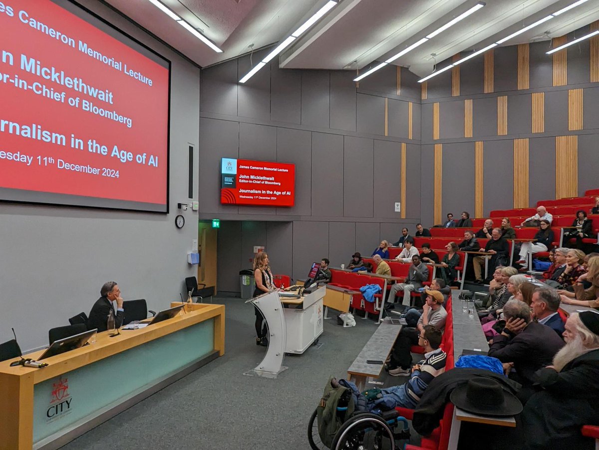 cityjournalism's tweet photo. John Micklethwait, Editor-in-chief @Bloomberg (@business) is here on campus at @CityUniLondon to deliver the James Cameron Memorial Lecture on "Journalism in the Age of AI". Thank you to City Journalism Head of Department @glendacooper for your welcome. #Cameronlecture24 https://t.co/TbZvqnCGZV