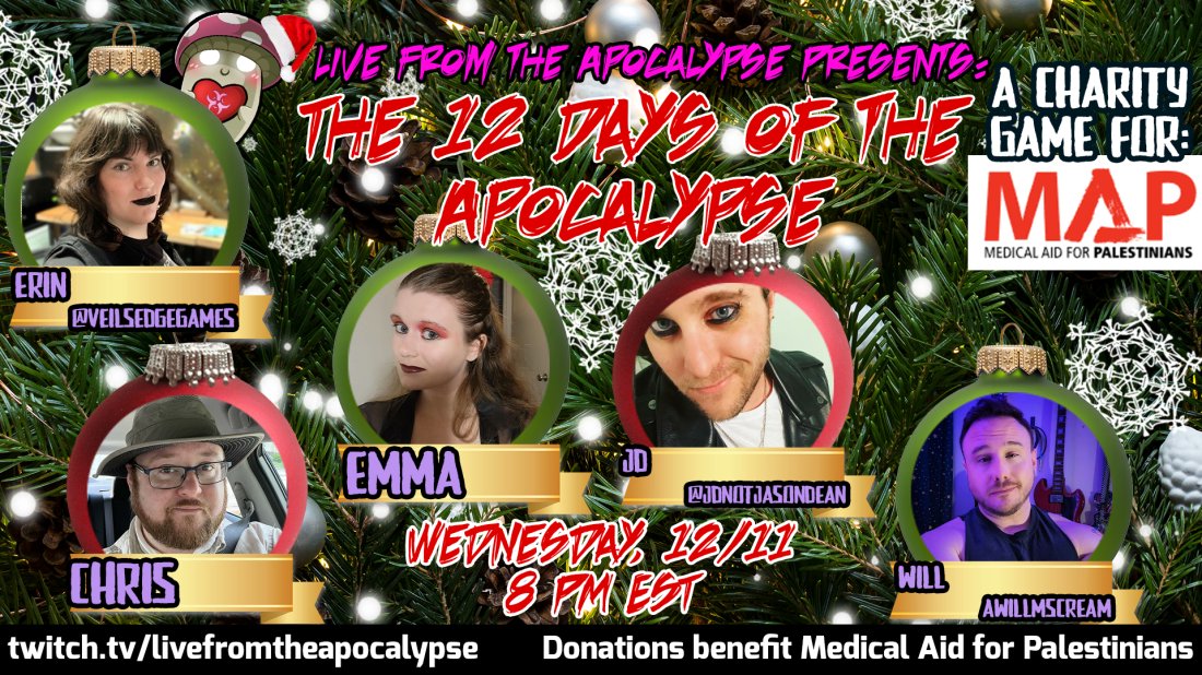 livefromtheapoc's tweet image. It's our third day of Haz-mas and tonight at 8:00PM EST we will be playing Molotov College for The 12 Days of the Apocalypse. Featuring @VeilsEdgeGames as our semi-storyteller in this GM-less game, @aWillMscream, @jdnotjasondean, Emma, and Chris! 🦸‍♂️🎄🦸‍♀️