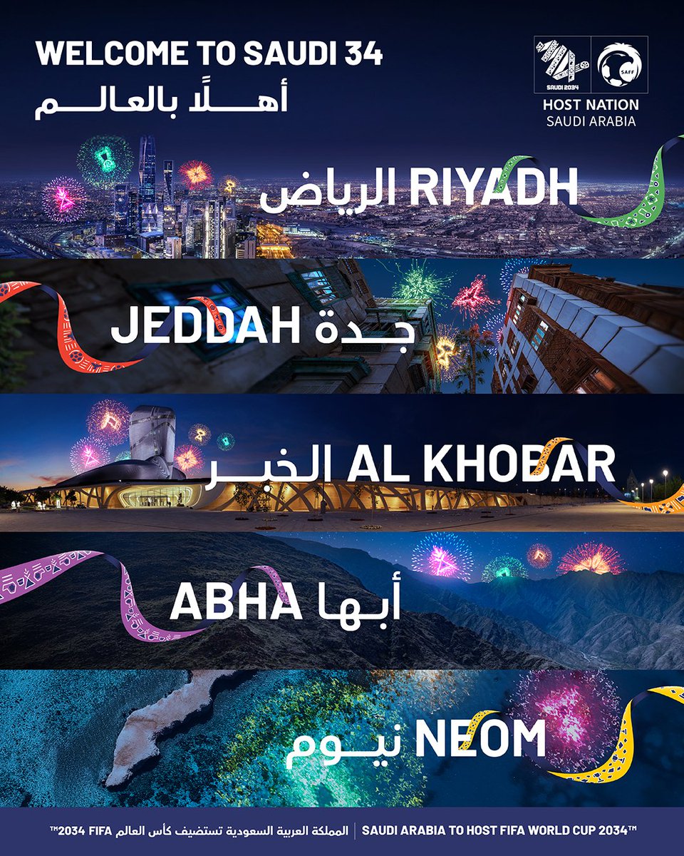 في #السعودية34 5️⃣ مدن مُستضيفة، تُردد بأعلى صوت: #أهلًا_بالعالم  🤩