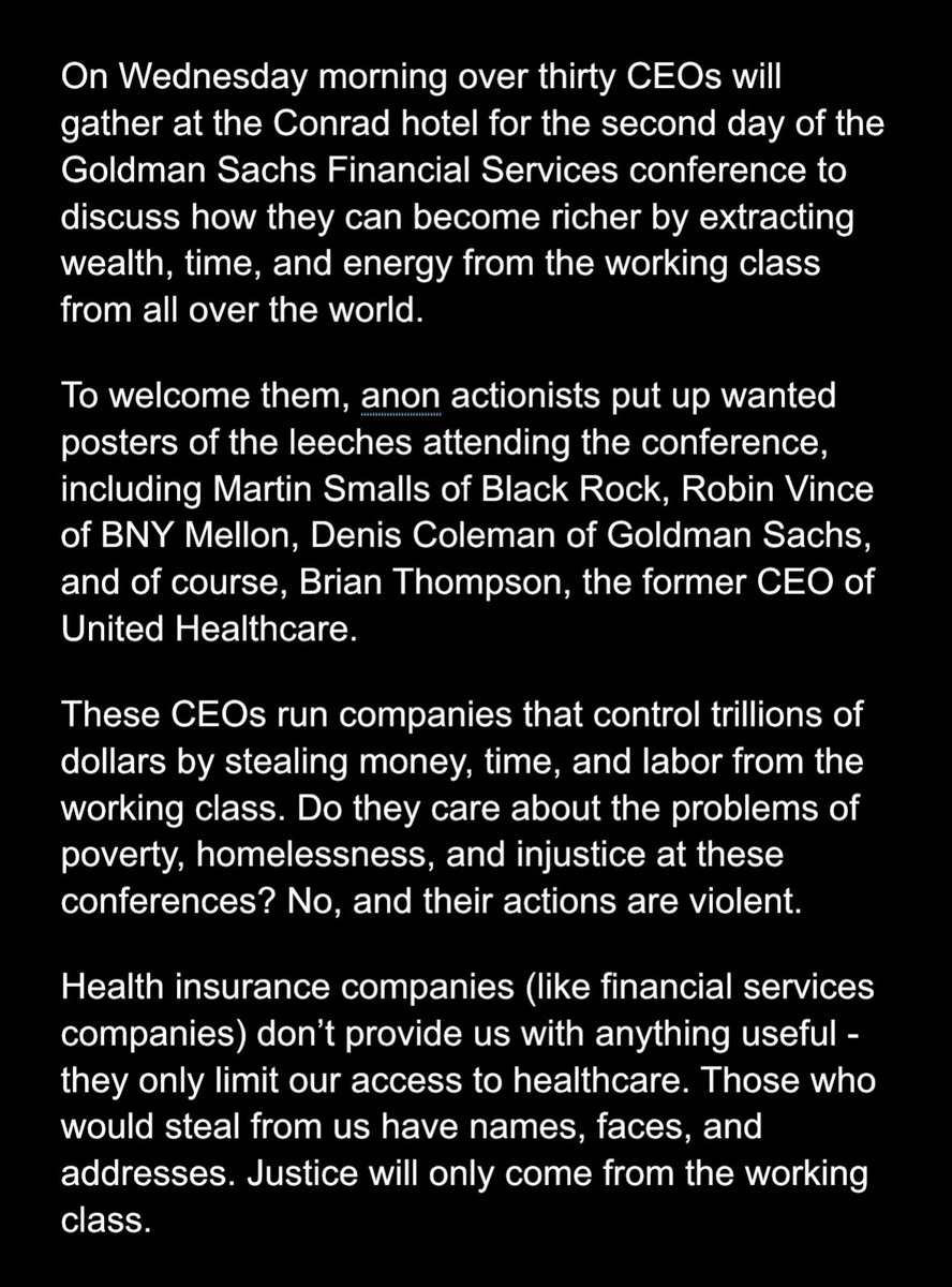 Inbox: ‘Wanted’ posters of healthcare CEOs wheatpasted around lower Manhattan ahead of today’s Goldman Sachs Financial Services conference.

“Those who would steal from us have names, faces, and addresses. Justice will only come from the working class,” per anon communique.