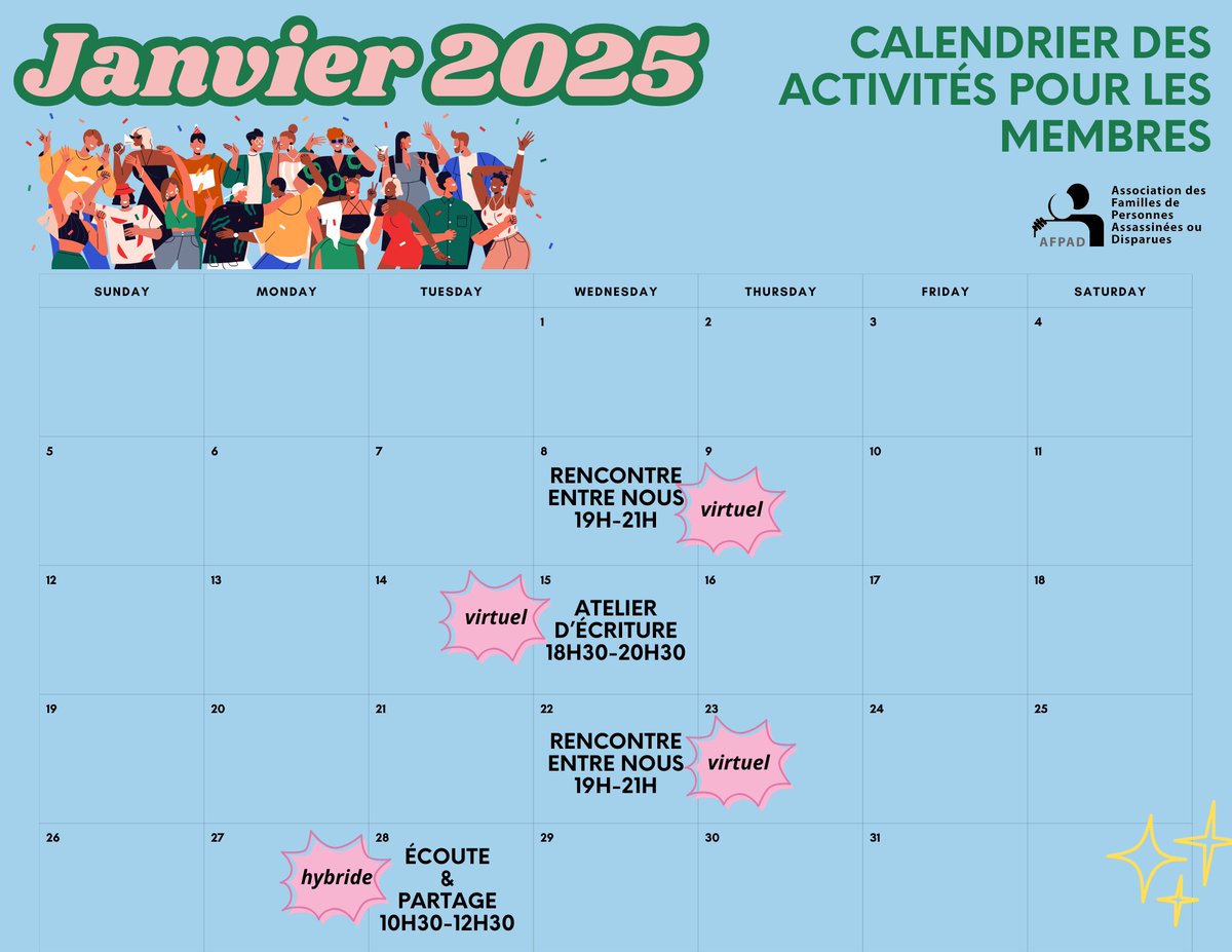 afpad's tweet photo. CALENDRIER JANVIER 2025🎉

➡️Pour vous inscrire ou pour en savoir plus, veuillez écrire à: 
-isabelle.macameau@afpad.ca
ou
-virginia.reyes@afpad.ca https://t.co/Y3SwRCBsfa