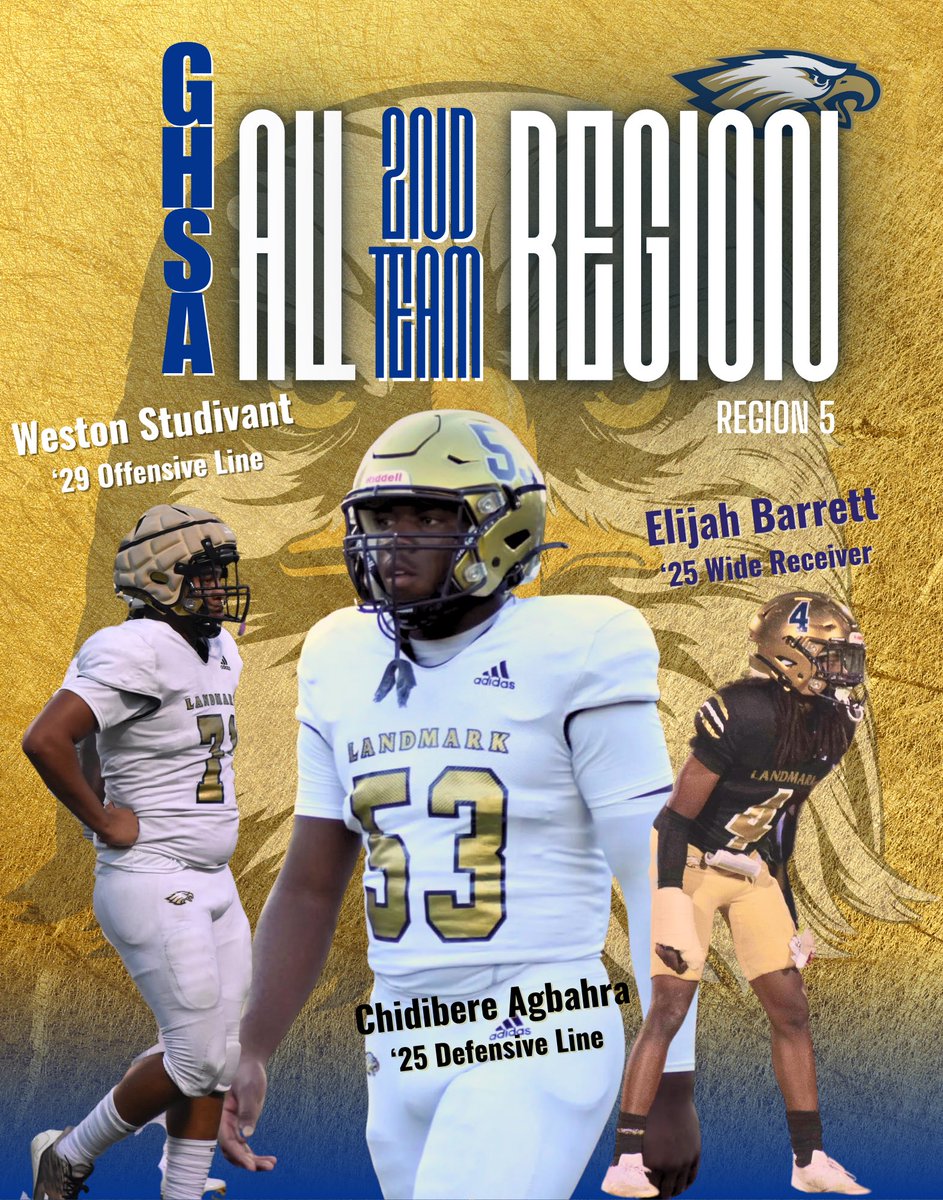 Congratulations to GHSA All-region 2nd Team selections senior DL <a href="/ChidiebereA23/">Chidiebere Agbahara</a> , senior WR <a href="/elijah5barrett/">Elijah Barrett</a> , freshman OL <a href="/Wes_Dawson09/">Weston Studivant</a> . 🦅🏉💙