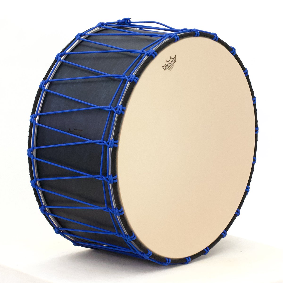 TreeHouseDrums's tweet photo. "Black. Well, Black at a distance, but maybe kinda blue up close. With blue rope" became a custom color mix just right for this artist. With a more-manageable 12" depth, this guy's easy to get around and sounds huge! 12x24; plied maple; satin wax. #customdrums #treehousedrums https://t.co/NGi4C3b4Y8