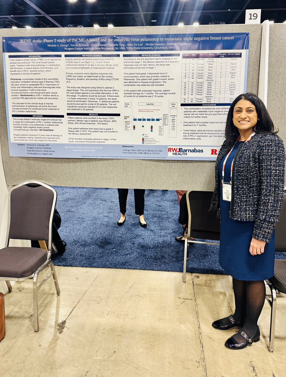 Mridula George (@mridulageorgemd) on Twitter photo HAPPENING NOW!
The results of ph2 IRENE study for pts w mTNBC #tnbc with oncolytc virus Pelareorep <a href="/Oncolytics/">Oncolytics Biotech</a> and Retifanlimab <a href="/Incyte/">Incyte</a>. <a href="/OhioStateMedOnc/">Ohio State Medical Oncology</a> <a href="/Nicole_O_W/">Nicole Williams MD</a> <a href="/RutgersCancer/">Rutgers Cancer Institute</a>
<a href="/RWJBarnabas/">RWJBarnabas</a> <a href="/RWJUH/">Robert Wood Johnson University Hospital</a>
<a href="/OncoAlert/">OncoAlert</a> #sabcs24 HAPPENING NOW!
The results of ph2 IRENE study for pts w mTNBC #tnbc with oncolytc virus Pelareorep <a href="/Oncolytics/">Oncolytics Biotech</a> and Retifanlimab <a href="/Incyte/">Incyte</a>. <a href="/OhioStateMedOnc/">Ohio State Medical Oncology</a> <a href="/Nicole_O_W/">Nicole Williams MD</a> <a href="/RutgersCancer/">Rutgers Cancer Institute</a>
<a href="/RWJBarnabas/">RWJBarnabas</a> <a href="/RWJUH/">Robert Wood Johnson University Hospital</a>
<a href="/OncoAlert/">OncoAlert</a> #sabcs24