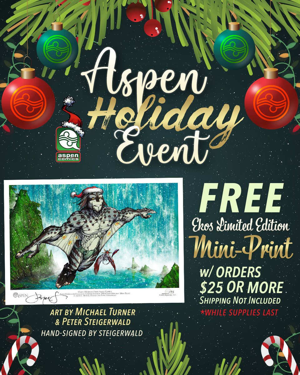 AspenComics's tweet image. Available starting NOW at AspenStore.Com, any orders of $25 or more will receive a FREE Ekos Limited Edition Holiday Mini Print by Michael Turner & Peter Steigerwald (@PSteigerwald) !
#aspencomics #ekos #michaelturner #aspenstore #holidayfreebie