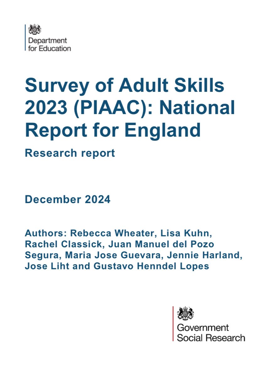 Important new report on adult literacy &amp; numeracy skills from the OECD. 

- 18% of adults have low proficiency in literacy (would struggle to read longer texts)

- But young adults (16 to 24) are doing better than 2012. 

Lots of useful insights. 

assets.publishing.service.gov.uk/media/675330e0…