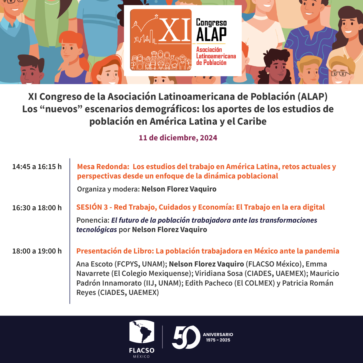 FlacsoMx's tweet photo. Esta semana, Nelson Florez (@NFlorezv), Cecilia Gayet y Claudio Dávila, integrantes del profesorado de la #FLACSOMéxico, así como Giancarlo Roach Rivas, estudiante del Doctorado de Investigación en Ciencias Sociales, participarán en el XI Congreso de la Asociación Latinoamericana de Población (@XICONGRESOALAP). 

El Congreso se lleva a cabo en Bogotá, Colombia, desde el lunes 9 hasta el viernes 13 de diciembre. 

Consulta el programa completo aquí: https://t.co/yDOVvhr5q3