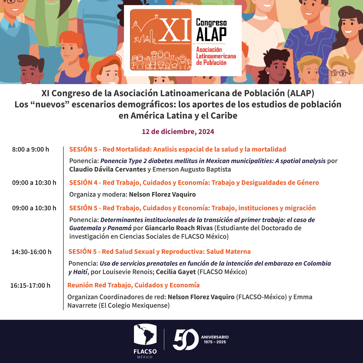 FlacsoMx's tweet photo. Esta semana, Nelson Florez (@NFlorezv), Cecilia Gayet y Claudio Dávila, integrantes del profesorado de la #FLACSOMéxico, así como Giancarlo Roach Rivas, estudiante del Doctorado de Investigación en Ciencias Sociales, participarán en el XI Congreso de la Asociación Latinoamericana de Población (@XICONGRESOALAP). 

El Congreso se lleva a cabo en Bogotá, Colombia, desde el lunes 9 hasta el viernes 13 de diciembre. 

Consulta el programa completo aquí: https://t.co/yDOVvhr5q3